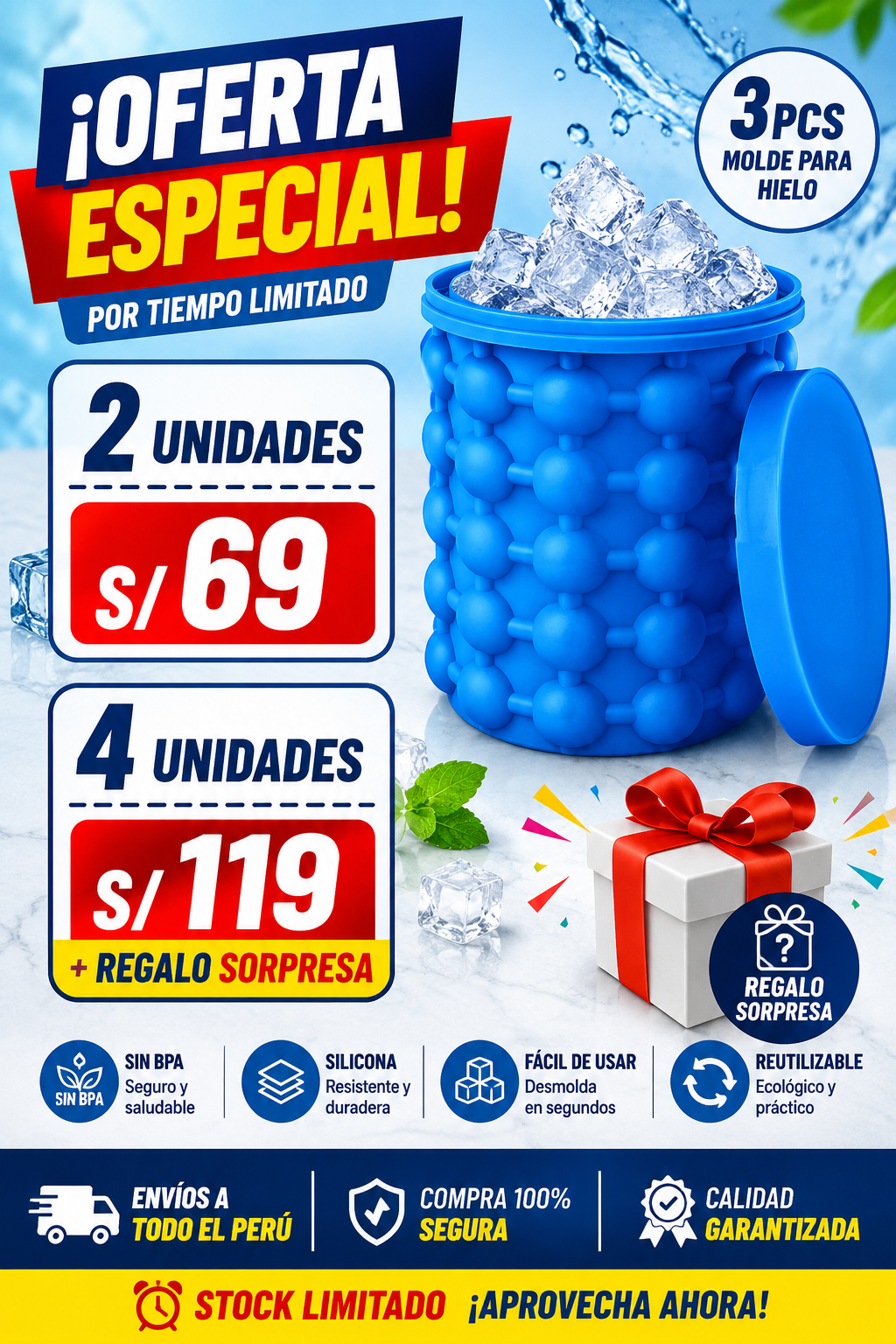 2 Hieleras de Silicona Flexible-Fácil Liberación para Cócteles y Bebidas Frías