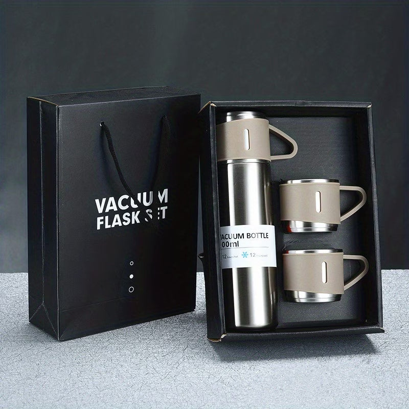 Termo de Acero Inoxidable con 3 Tazas Conserva Temperatura 12h - Mas Bolsa de Regalo