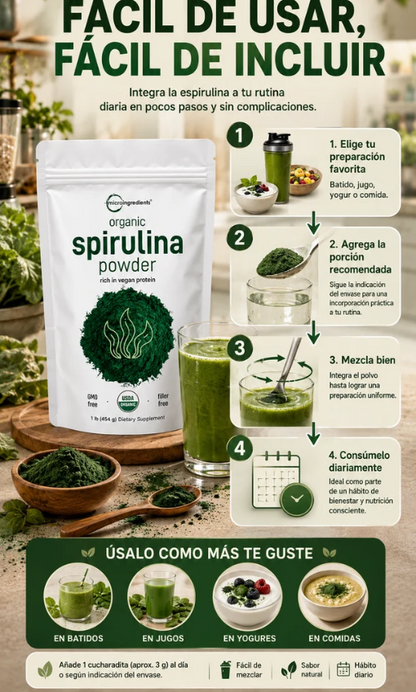 Micro Ingredients Polvo de espirulina orgánica, 400g