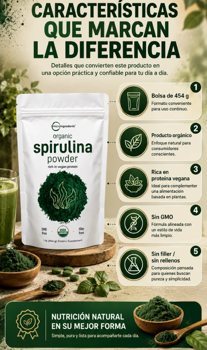 Micro Ingredients Polvo de espirulina orgánica, 400g