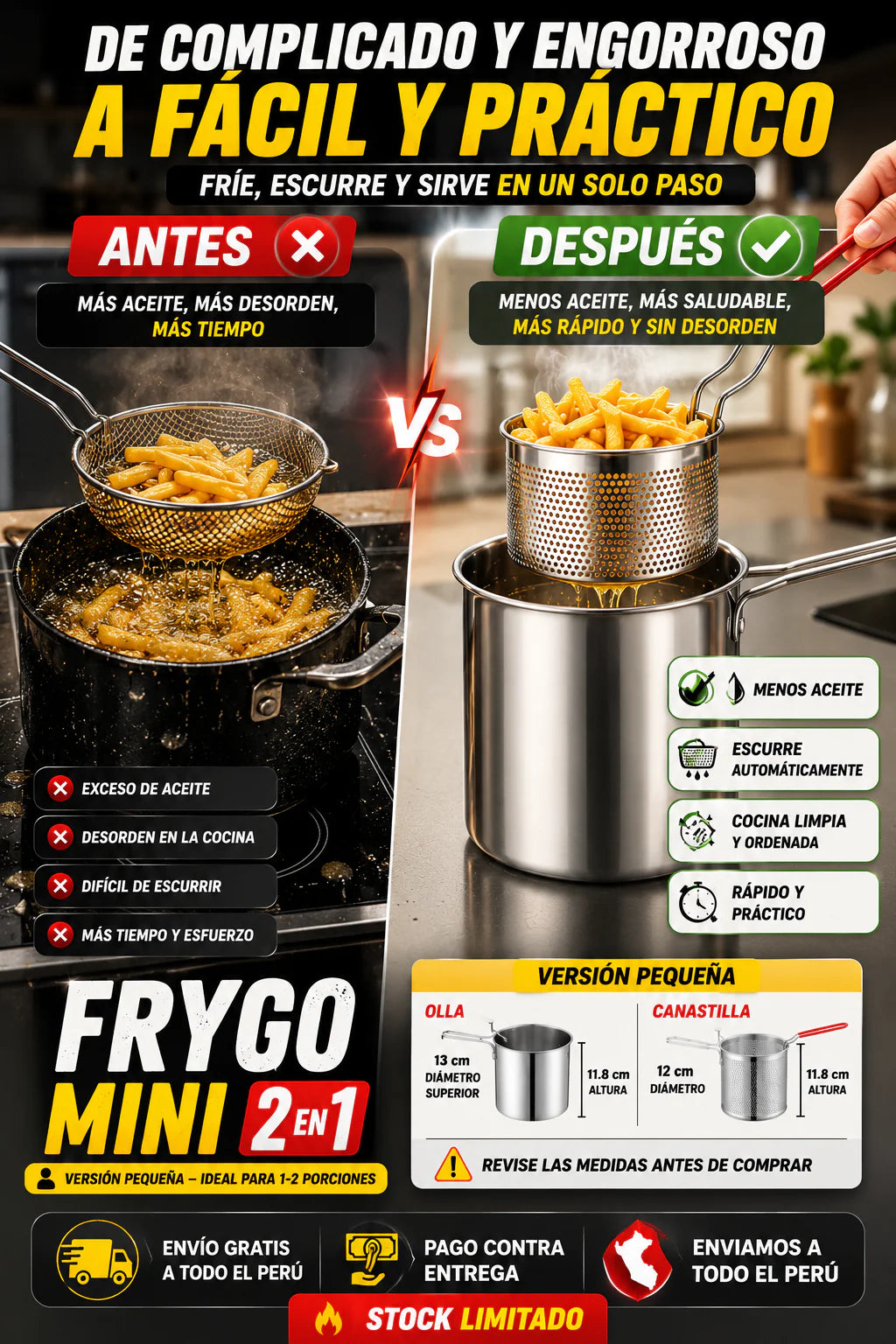 Olla Freidora 3 en 1 con Colador Antiadherente
