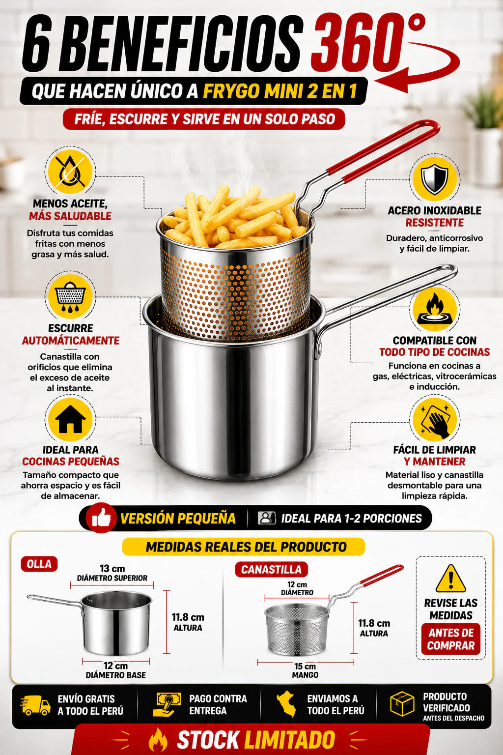 Olla Freidora 3 en 1 con Colador Antiadherente