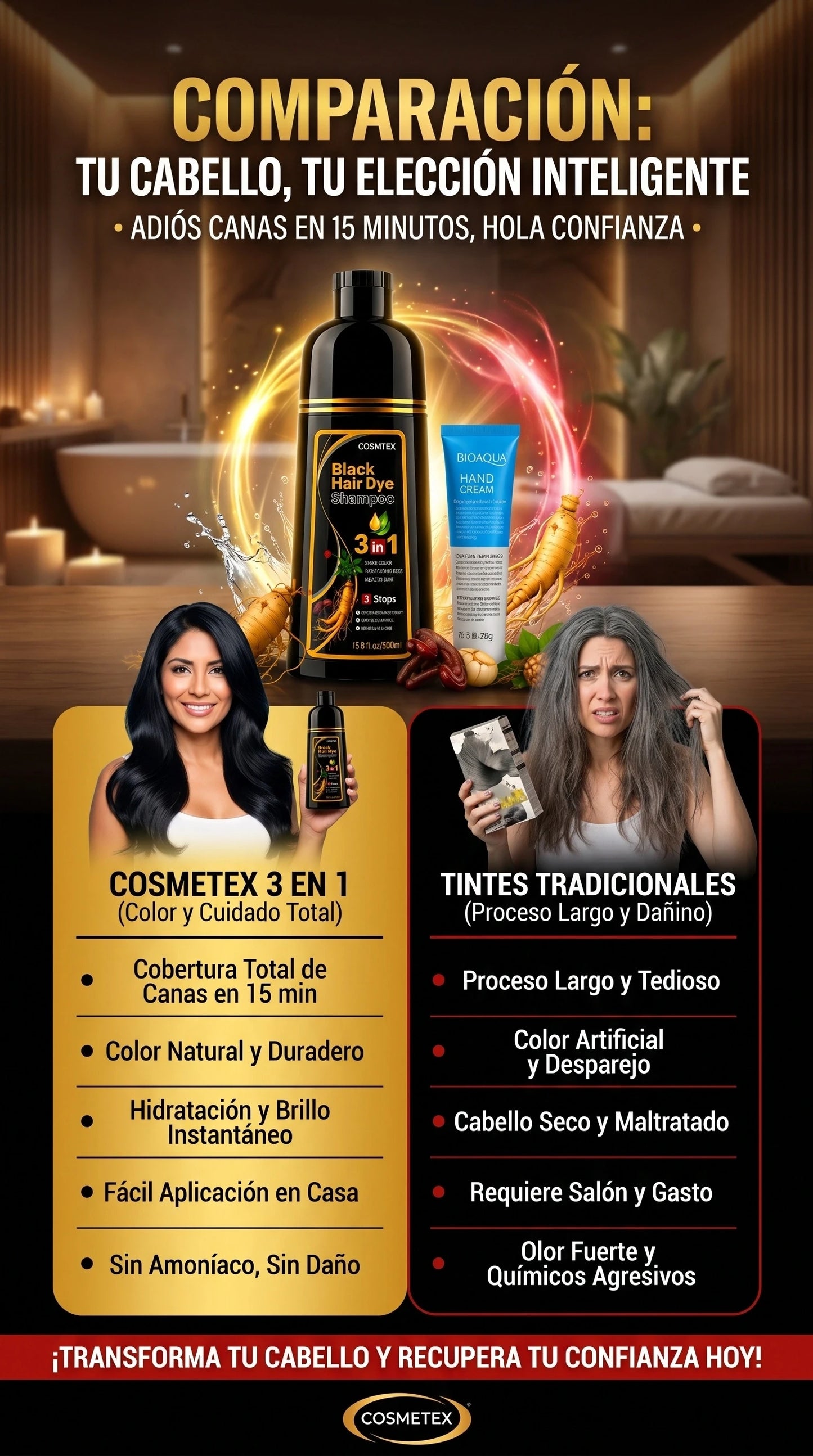SHAMPOO TINTE CUBRE CANAS 3 IN 1 - INCLUYE 2 REGALOS SORPRESA