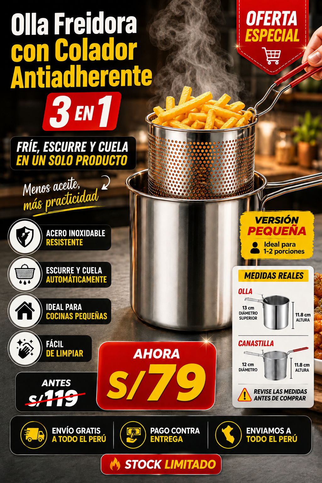 Olla Freidora 3 en 1 con Colador Antiadherente