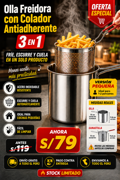 Olla Freidora 3 en 1 con Colador Antiadherente