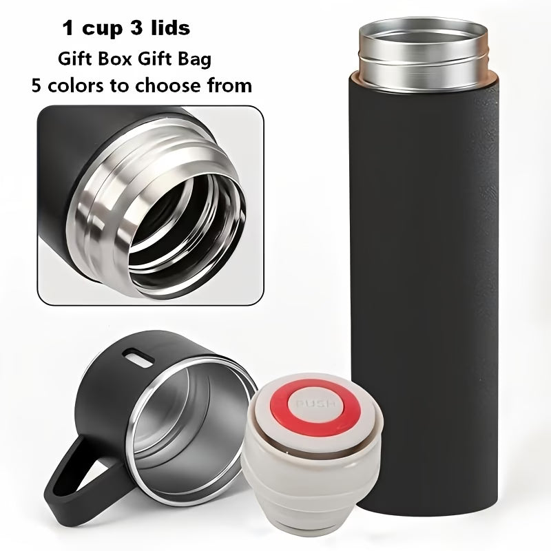 Termo de Acero Inoxidable con 3 Tazas Conserva Temperatura 12h - Mas Bolsa de Regalo