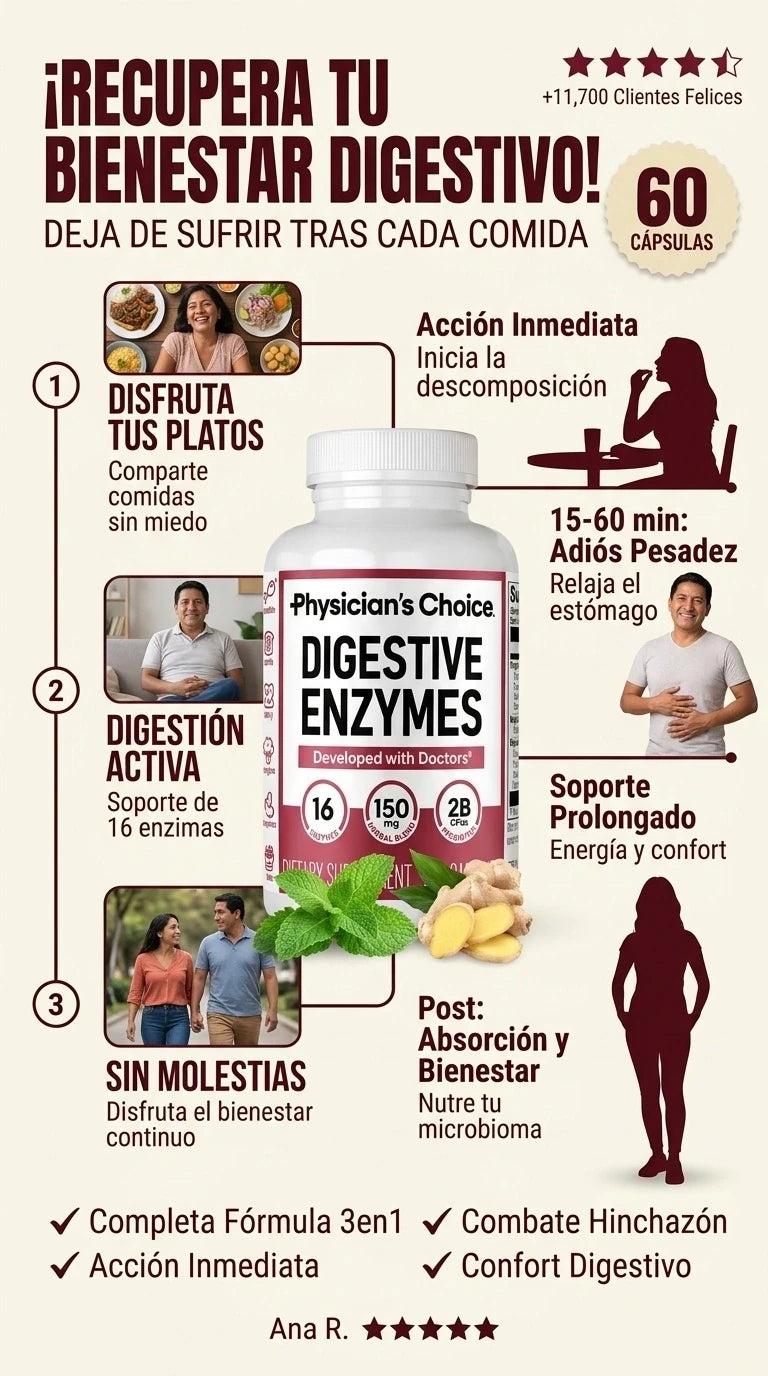 Enzimas digestivas - Una mezcla 3 en 1 de acción rápida con 16 enzimas