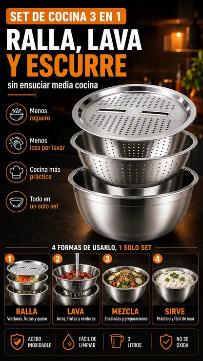 Ralladores para cocina, cesta de drenaje de acero inoxidable 3 EN 1