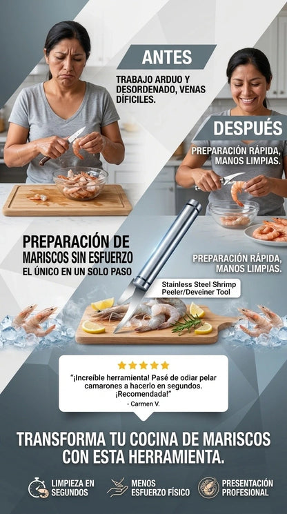 ShrimPro® Cuchillo Pelador de Camarones 5 en 1 | Pela y Desvena en Segundos