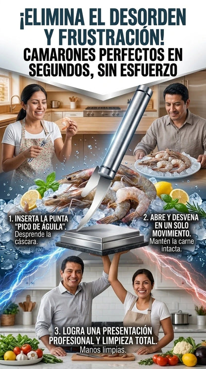 ShrimPro® Cuchillo Pelador de Camarones 5 en 1 | Pela y Desvena en Segundos